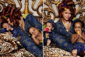 Rihanna jumelle ses fils RZA et Riot Rose en onesies