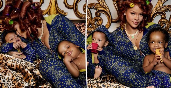 Rihanna jumelle ses fils RZA et Riot Rose en onesies