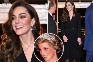 Kate Middleton porte manteau noir, boucles oreilles Princess Diana à