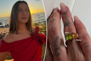 Hailey Bieber montre bague géante avec pierre de naissance pour