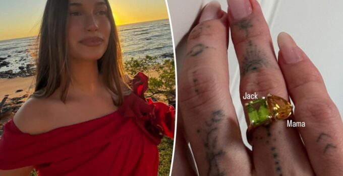 Hailey Bieber montre bague géante avec pierre de naissance pour